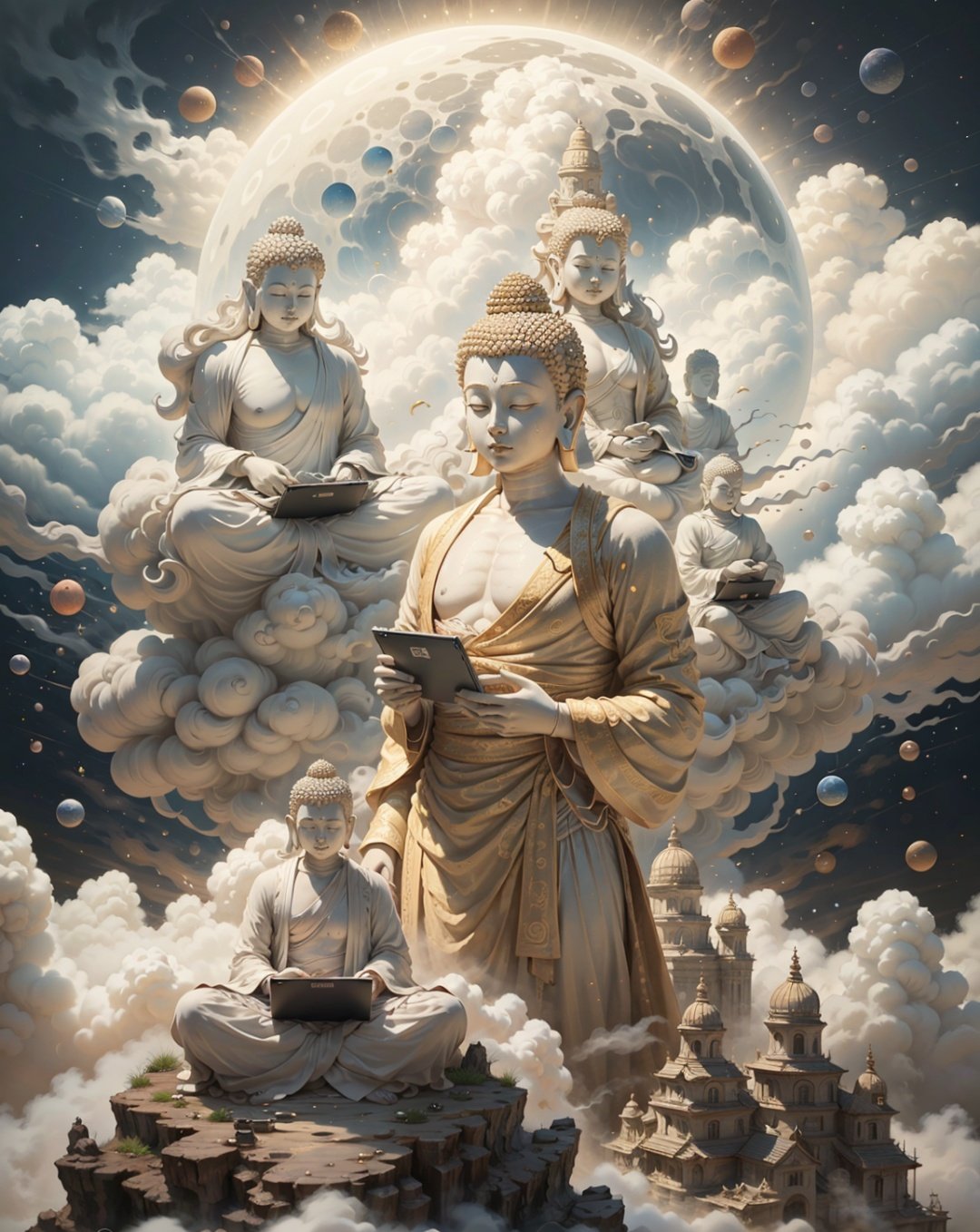 A painting of a golden Buddha standing in front of a huge moon, space art, space travel, space, stunning wallpapers, space, Jen Bartel, surreal space, detailed dreams, magnificent spacecraft paintings, psychedelic illustrations, psychedelic surreal art, grand digital art and details, beautiful space, space theme, space, space theme, space scene,Buddhism ,cloud,Clouds