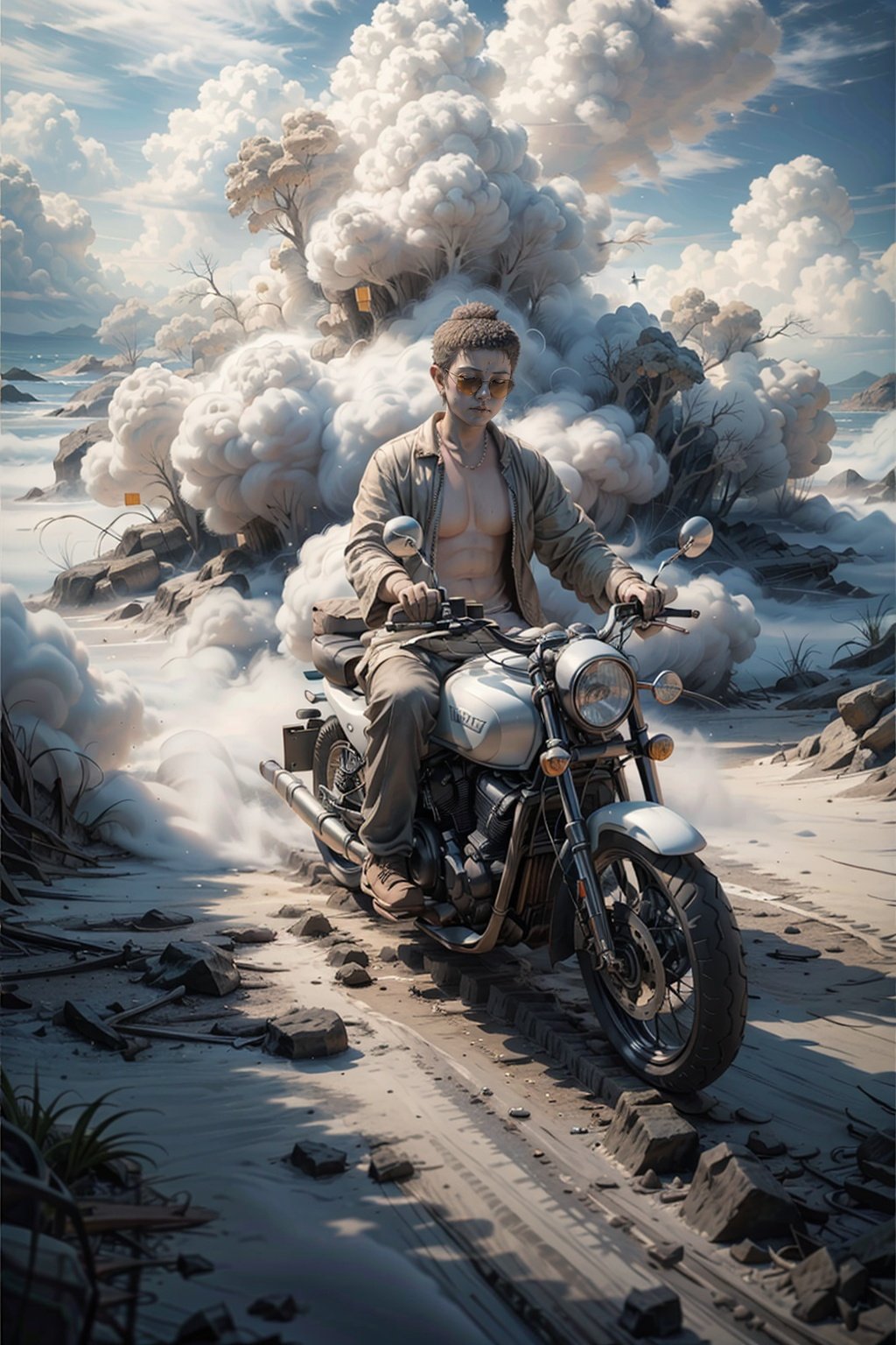 Soft light, Buddha wearing sunglasses, riding a motorcycle, surrounded by clouds, beautiful artistic illustrations, complex digital paintings, detailed details,