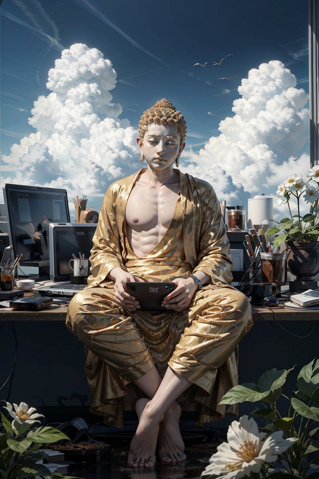 35mm photo, movie, professional, 8k, highly detailed, golden Buddha, in office, laptop, clouds, sky, flowers, compassionate expression, Alex Gray style surrealism, reflection