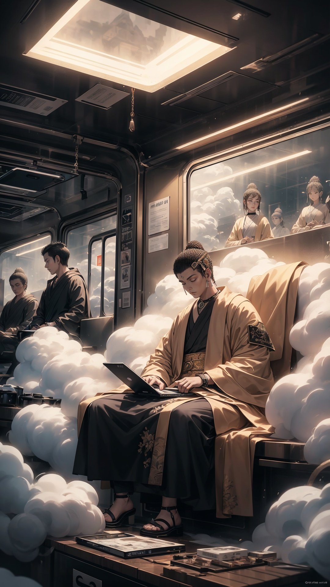 (Best quality, masterpiece), soft lighting, multiple people, Buddha on the subway, dozing off, car window reflection, aerial subway, shrouded in clouds, not looking at the camera, clear theme, moon outside the window, exquisite artistic illustrations, complex digital painting, ultra wide angle shooting, ultra realistic, ultra fine, OC rendering, high detail, ultra high quality, 16k,cyberpunk,steampunk