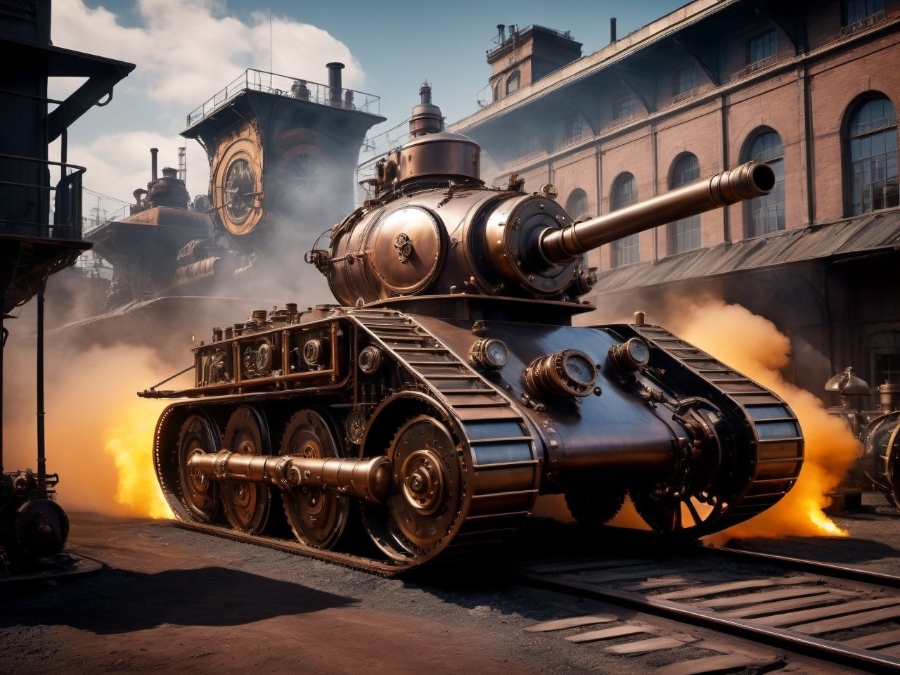  SteamPunkAI ,CoalPunkAI  tank (Highly detailed, amazing retro-futuristic setting), (Shiny Impressive lighting), (Ultra Realistic, High quality, Highly detailed, Sharp focus, 8K UHD, Art photography), (trending on artstation), action scene
