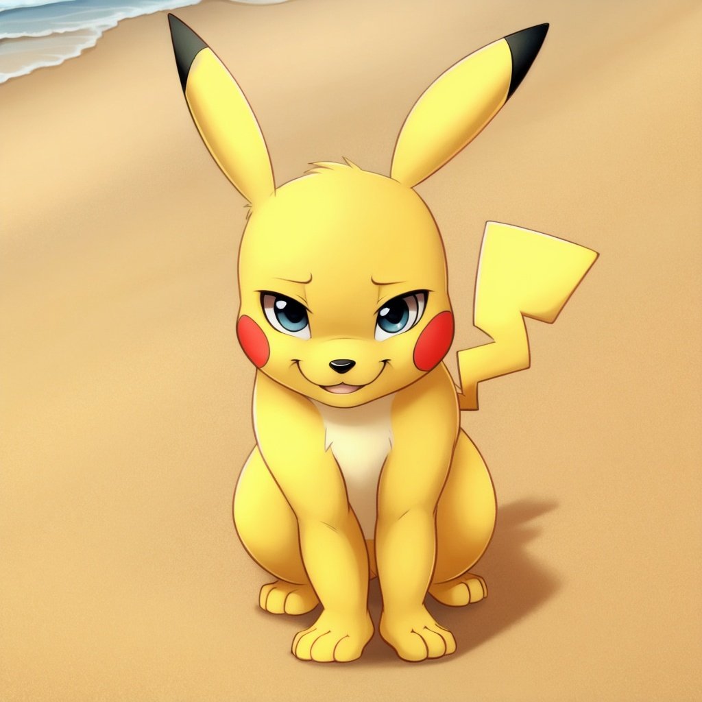 by smitty g, Pikachu, all fours, looking_at_viewer, smiling, beach background, animal feet, toe beans, stubby paws,