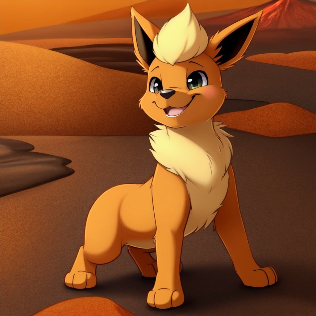 by smitty g , Flareon, smiling, happy, no hair, animal feet, standing on all fours, toe beans, stubby feet, volcanic background, animal paws, feral, (solo)