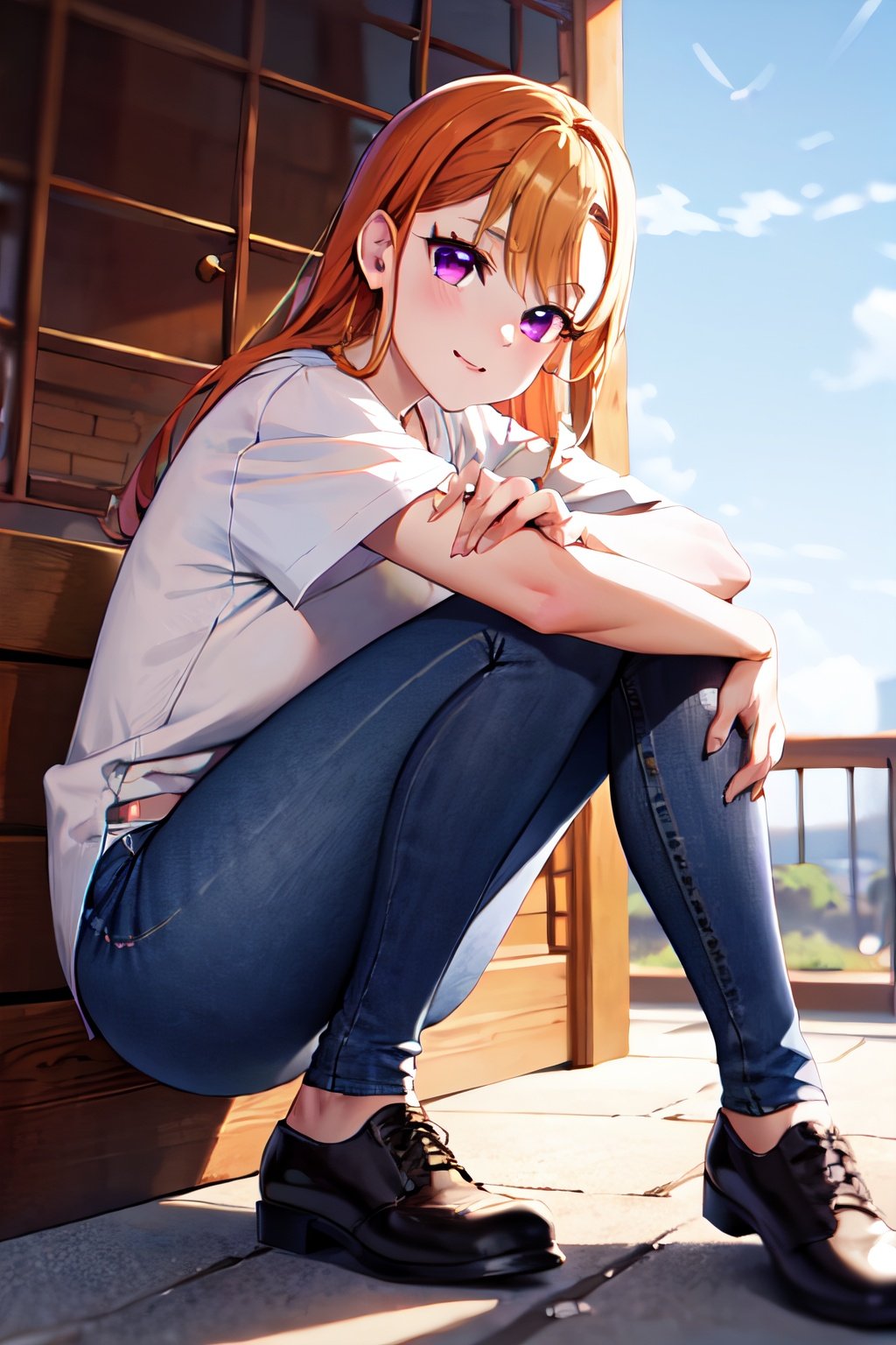 masterpiece, best quality, ageha, orange hair, purple eyes, shirt jeans, shoe