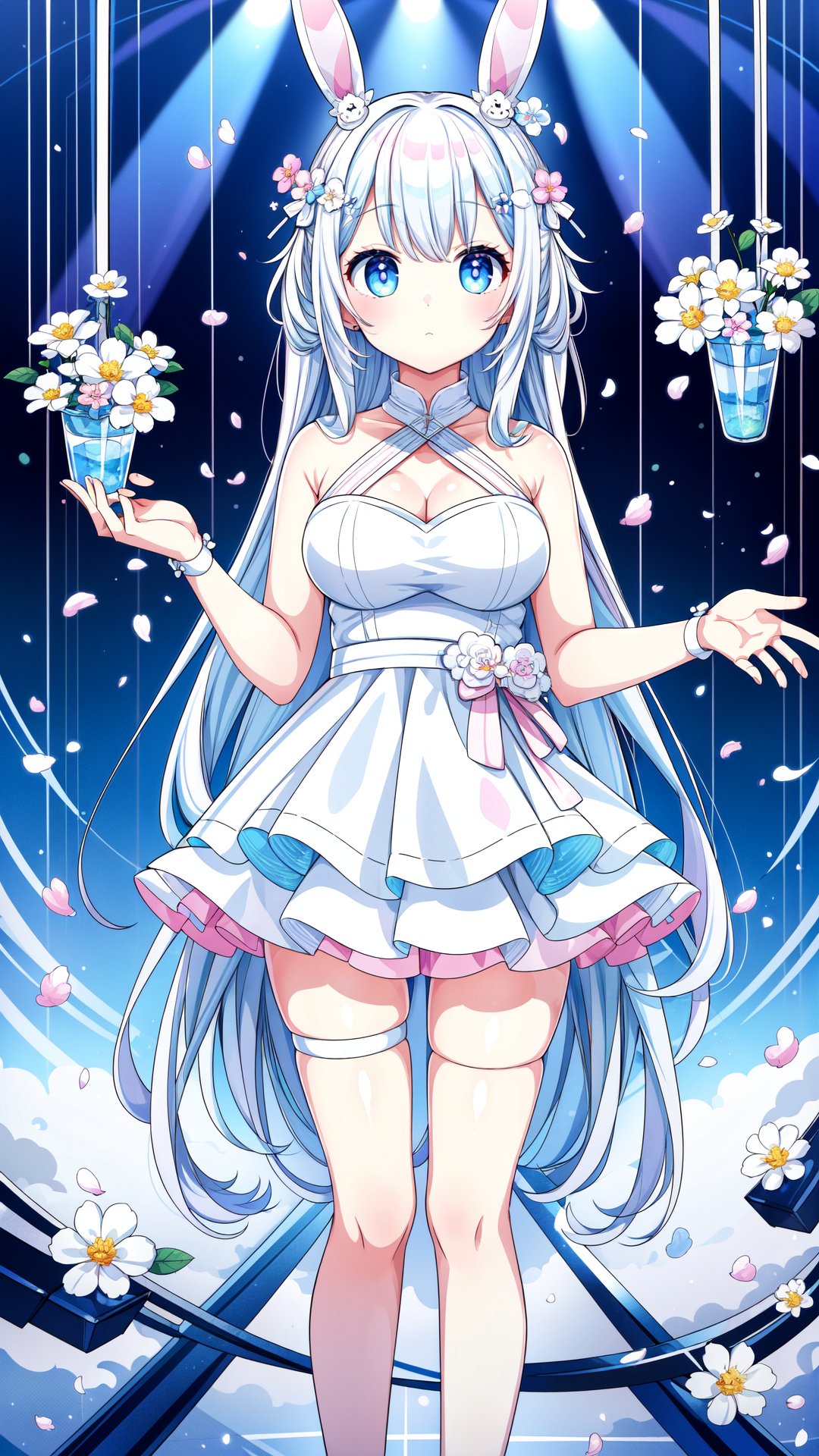 (masterpiece, best quality, highres:1.3), ultra resolution image, (1girl), (solo), kawaii, white hair, long hair, white dress, wonderland, bunny, sunlight, flowers, colorful, hold white flowers, dreamy,Cyberpunk