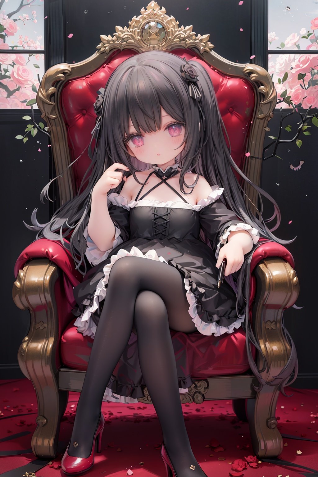 masterpiece, ((best quality)), (ultra-detailed), (illustration), an extremely delicate and beautiful girl, dynamic angle, chromatic aberration, ((colorful)),//,1girls,loli,(petite child:1.1),//,(in Gothic castle),girl with black hair,red eyes,Vertical pupil,long hair,hair arrangement,(Detailed face description),(batwing),(Gothic Lolita),(bat tail),alccandlestick,Cathedral glass,,short skirt,black pantyhose,red lace,high heels,rose tattoo,throne,sitting,crossed legs,//,