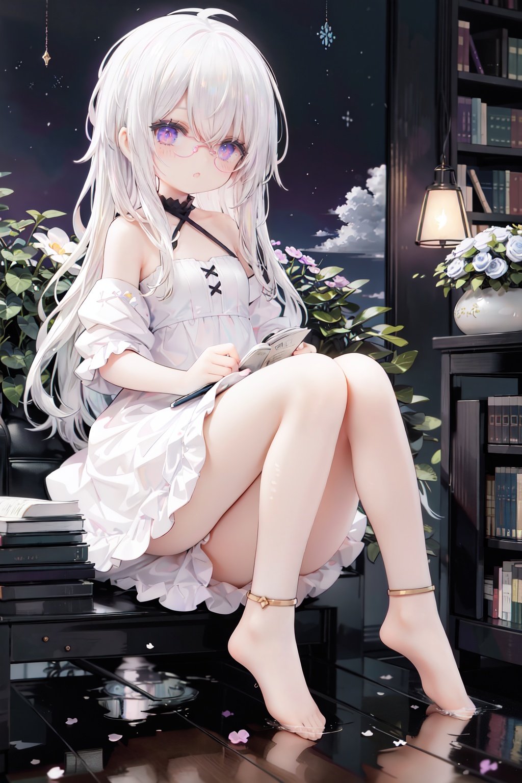 //,masterpiece, ((best quality)), (ultra-detailed), (illustration), an extremely delicate and beautiful, dynamic angle, chromatic aberration,((Medium shot)), ((colorful)),//,1girl,little girl,1girl,loli,petite,loli,looking away,Black rimmed glasses,dress,Constellation print,anklet,barefoot,sitting,(white hair:1.3),(long hair:1.3),ahoge,purple eyes,open mouth,(Dim light),classical,library, plant, Oil lamp,