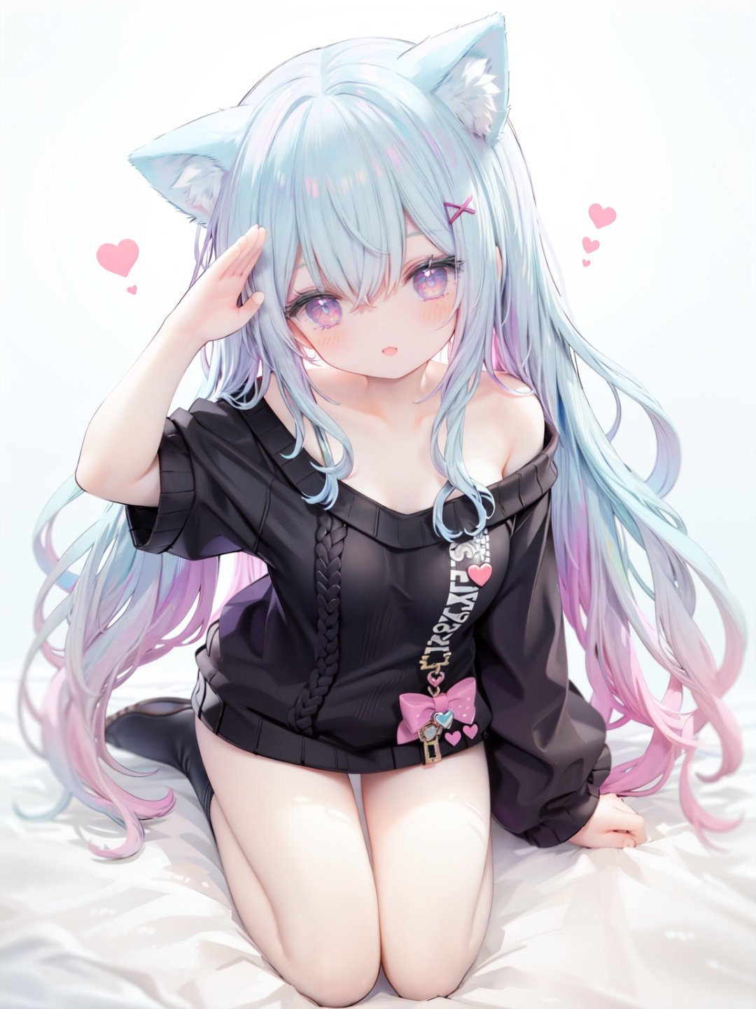 petite, loli, solo, animal ears, heart, puffy short sleeves, blue hair, long hair, off shoulder, bangs, hair ornament, gradient background,rainbow gradient, x hair ornament, animal ear fluff, looking at viewer, very long hair, blush, smile, cat ears, bare shoulders, collarbone, hand up, gradient sweater, hair between eyes, symbol-shaped pupils, arm up, heart-shaped pupils, hairclip, medium breasts, salute, bare legs,full body