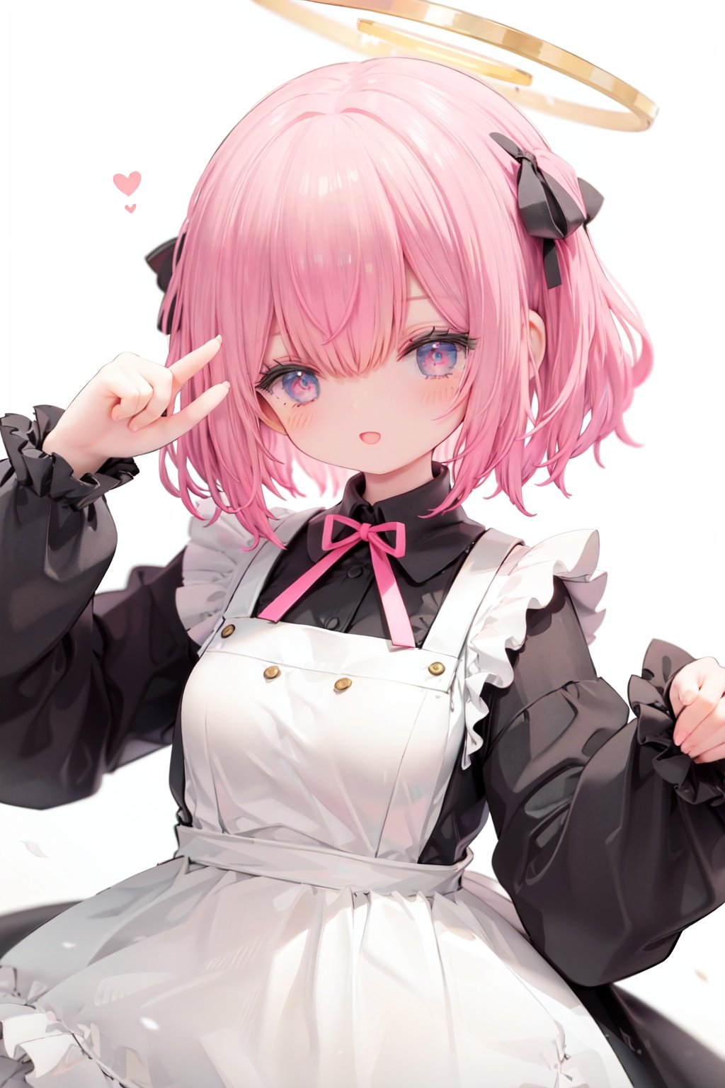 1girl, solo, apron, halo, hair over one eye, closed eyes, smile, white background, dress, white apron, simple background, long sleeves, multicolored hair, braid, open mouth, blue hair, alternate costume, blush, bangs, :d, pink hair, black dress, ribbon, frilled dress, enmaided, short hair, hand up, colored inner hair