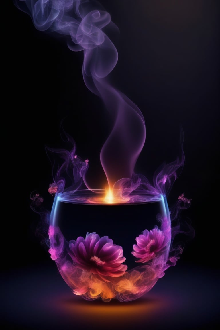 water, flower, smoke, no humans, black background, gradient background,