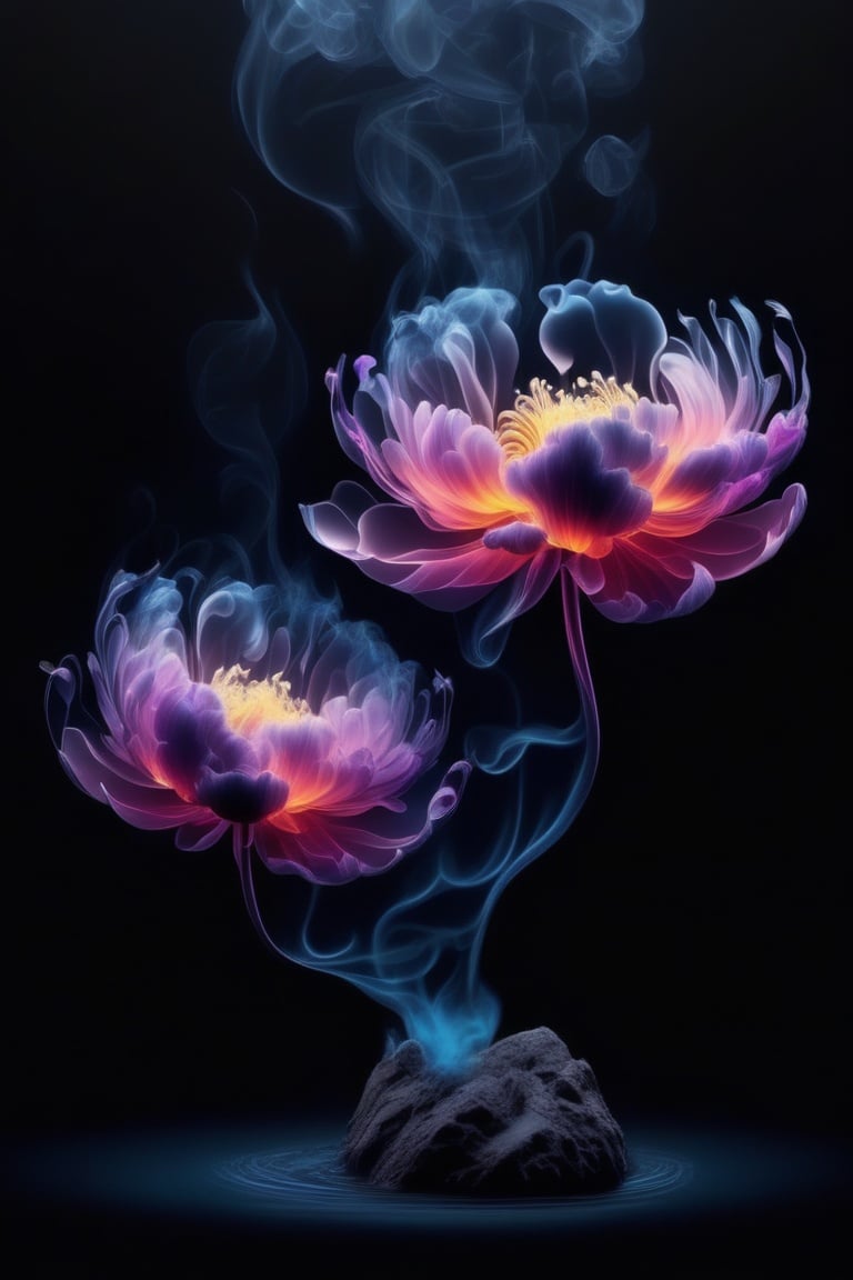 water, flower, smoke, no humans, black background, gradient background,