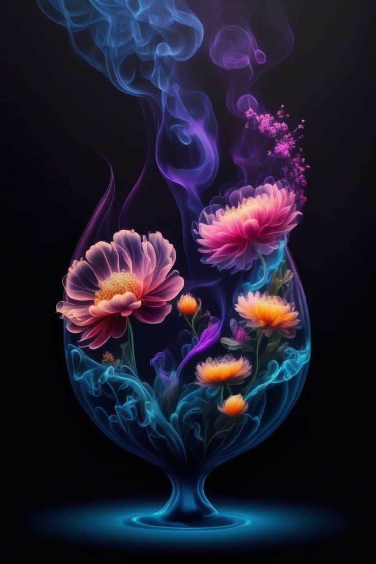 water, flower, smoke, no humans, black background, gradient background,