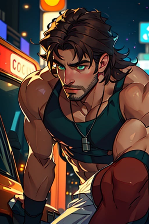 Man, (heteroerotic), masterpiece, detailed highway face and skin, green eyes, dark hair, big hair, beautiful, hyperrealistic, only male, bara, young, 32 years old, 1.97 meters tall, muscular male, beautiful, male focus, lights, volumetric lighting, dramatic lighting, bokeh, (close-up) open legs, (detailed background)