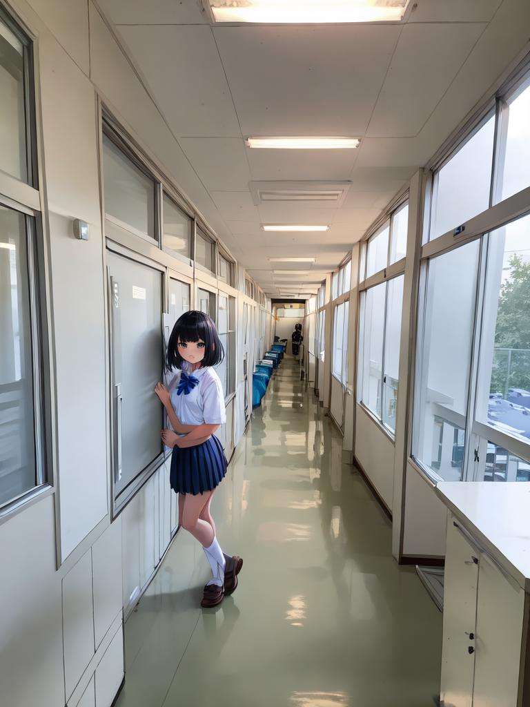 masterpiece, best quality, ultra-detailed, illustration,1girl, school uniform, black hair, skirt , short hair, white shirt, rouka, scenery, window, school, door, indoors, classroom, ceiling light, chair, hallway, desk, ceiling <lora:gakkou-00008:0.8>