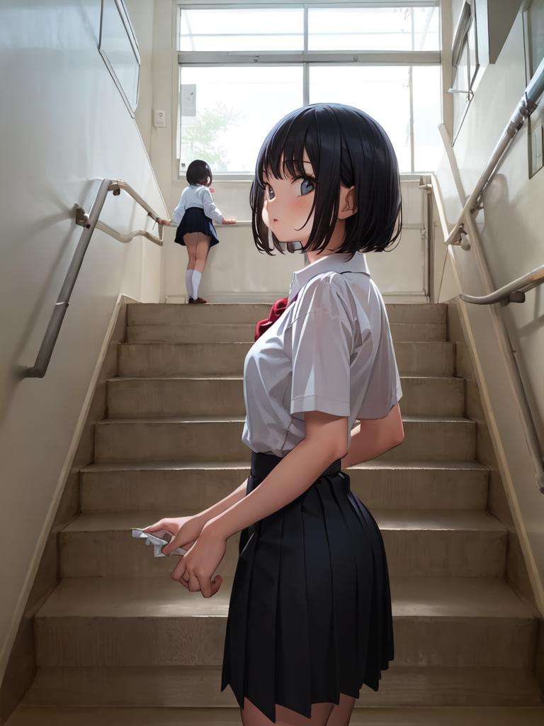 masterpiece, best quality, ultra-detailed, illustration,1girl, school uniform, black hair, skirt , short hair, white shirt, kaidan, stairs, scenery, window,  <lora:gakkou-00008:0.8>