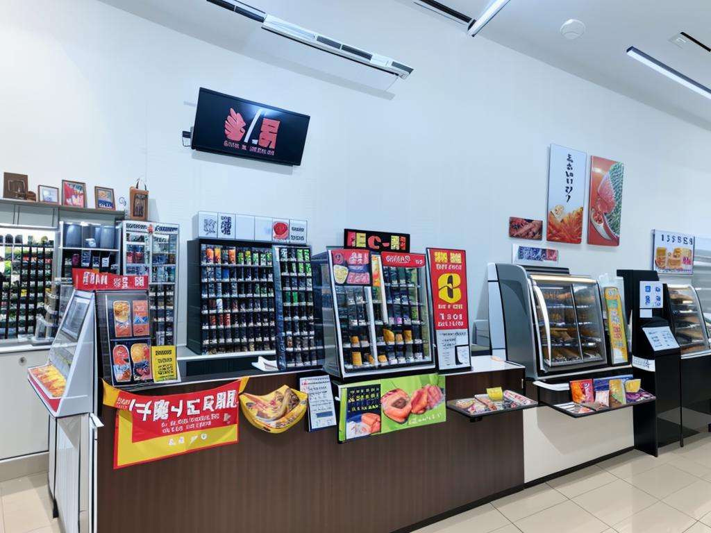 masterpiece, best quality, ultra-detailed, illustration,konbini, cashier, shop, indoors,convenience store, <lora:Konbini_V4:1>