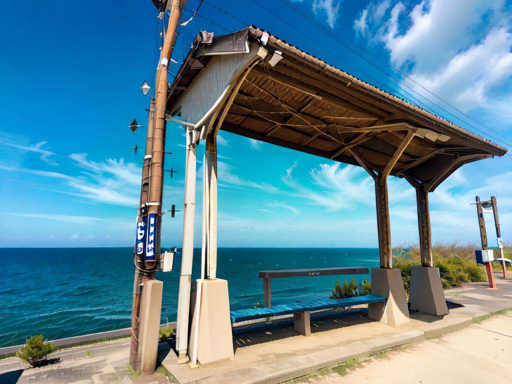 masterpiece, best quality, ultra-detailed, illustration,shimonadaeki1, outdoors, scenery, day, sky, ocean, blue sky, horizon, power lines, water, utility pole, beach, train station, realistic, , photo background, , photo (medium), , photorealistic, real world location <lora:ShimonadaEki_V4:1>