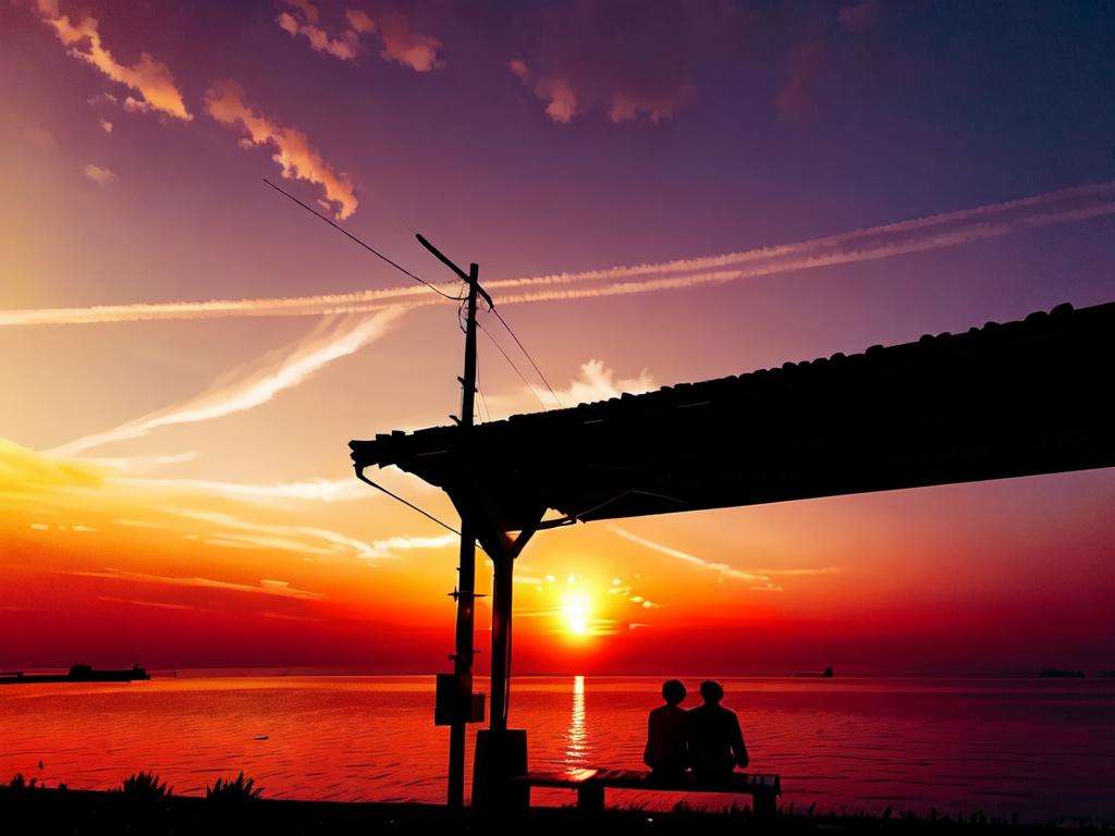 masterpiece, best quality, ultra-detailed, illustration,shimonadaeki3, sunset, silhouette, scenery, 1boy, sky, outdoors, power lines, ocean, sun, horizon, water, sitting, 1girl, cloud, orange sky, utility pole, realistic, photo (medium), photo background, real world location, platfrom, train station <lora:ShimonadaEki_V4:1>