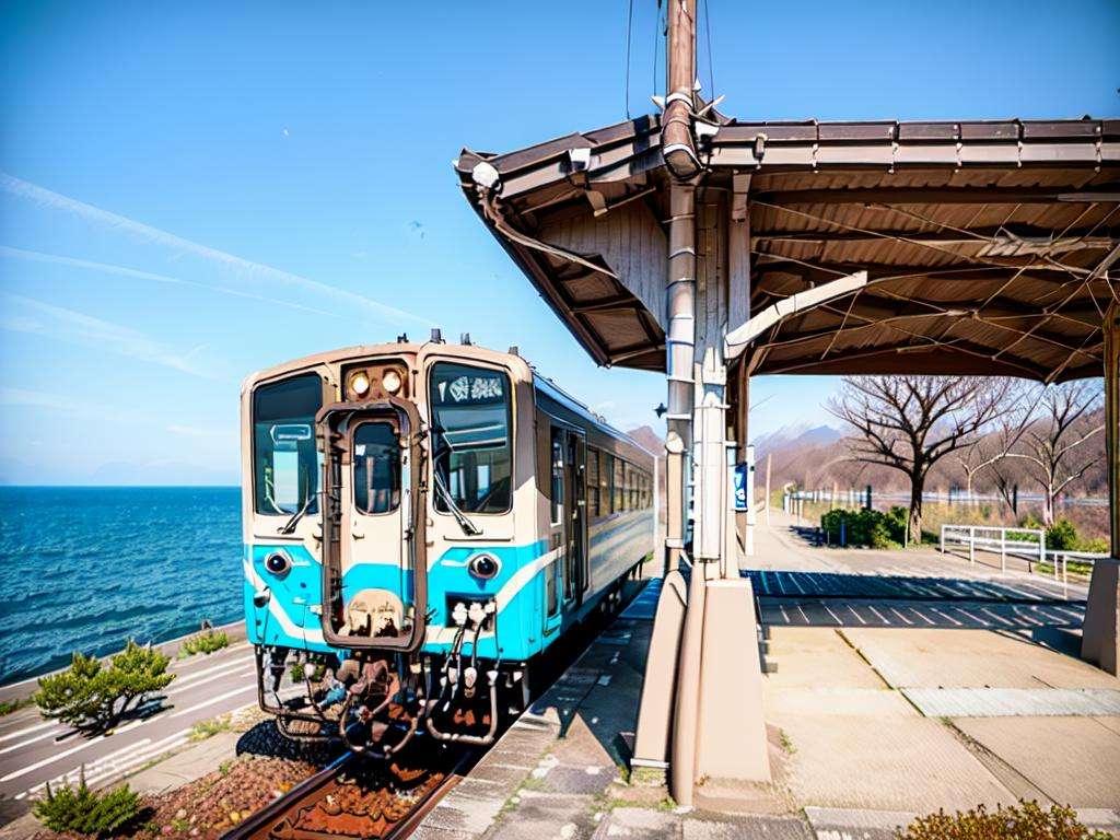 masterpiece, best quality, ultra-detailed, illustration,shimonadaeki2, scenery, outdoors, sky, day, ocean, water, tree, blue sky, real world location, platfrom, realistic, photo (medium), photo background, train station <lora:ShimonadaEki_V4:1>