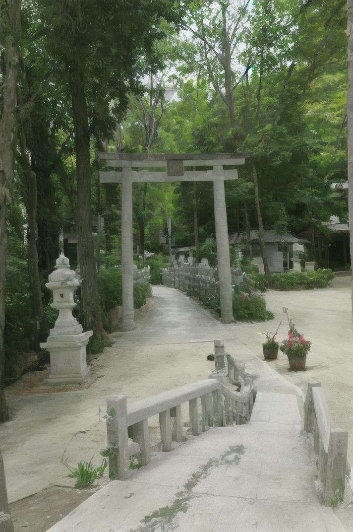 masterpiece, best quality, ultra-detailed, illustration,jinzya, shrine, tree, scenery, stone lantern, torii, outdoors, statue, real world location, day, pavement, stairs, sunlight, architecture, road, realistic,<lora:jinzya_V1_Resize_DIM8:1:XYZ>