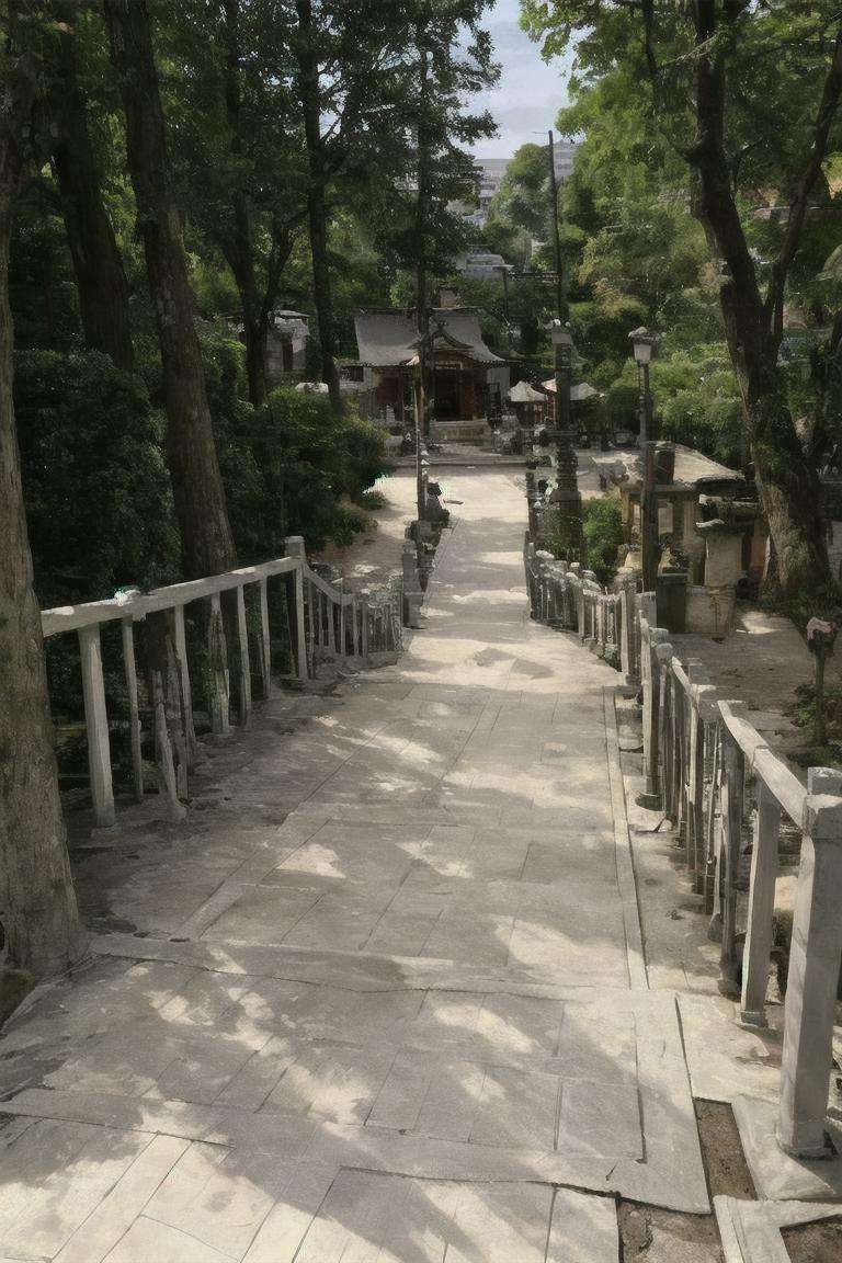 masterpiece, best quality, ultra-detailed, illustration,jinzya, shrine, scenery, architecture, outdoors, tree, building, stone lantern, pavement, stairs, sunlight, realistic,  <lora:jinzya_V1_Resize_DIM8:1:NIN>