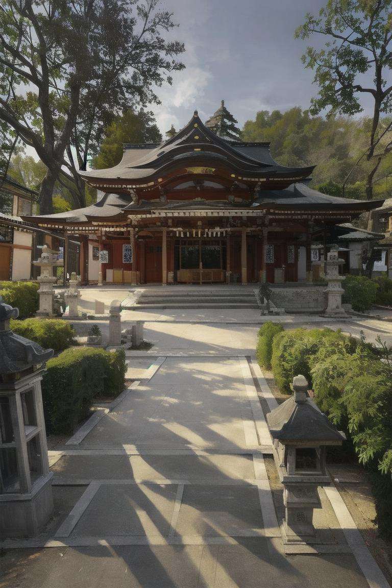 masterpiece, best quality, ultra-detailed, illustration,jinzya, shrine, scenery, architecture, outdoors, tree, building, stone lantern, pavement, stairs, sunlight, realistic, <lora:jinzya_V1:1:XYZ>