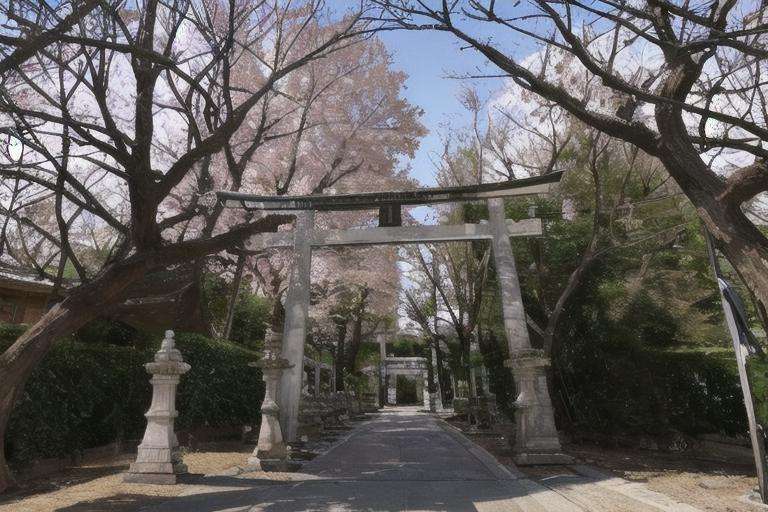 masterpiece, best quality, ultra-detailed, illustration,jinzya, shrine, tree, real world location, outdoors, scenery, torii, day, sky, road, blue sky, traditional media, building, stone lantern, realistic,  <lora:jinzya_V1:1:XYZ>