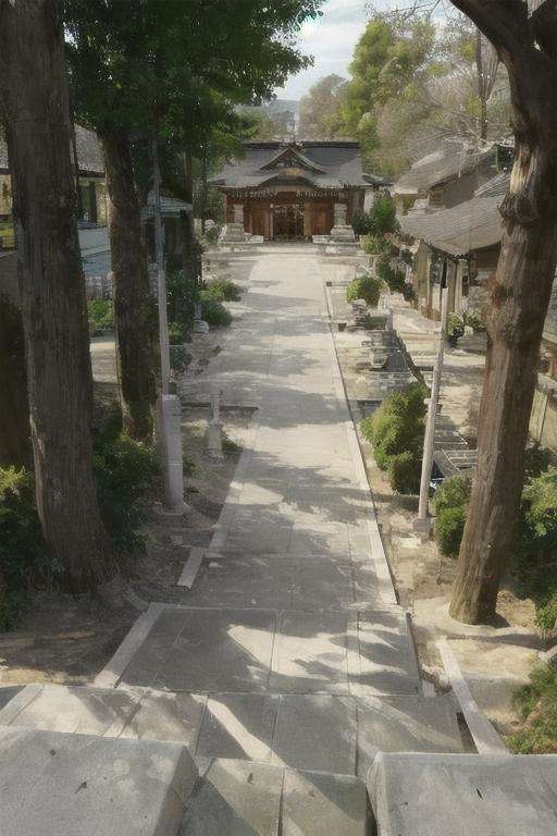 masterpiece, best quality, ultra-detailed, illustration,jinzya, shrine, tree, scenery, stone lantern, torii, outdoors, statue, real world location, day, pavement, stairs, sunlight, architecture, road, realistic, <lora:jinzya_V1:1:XYZ>