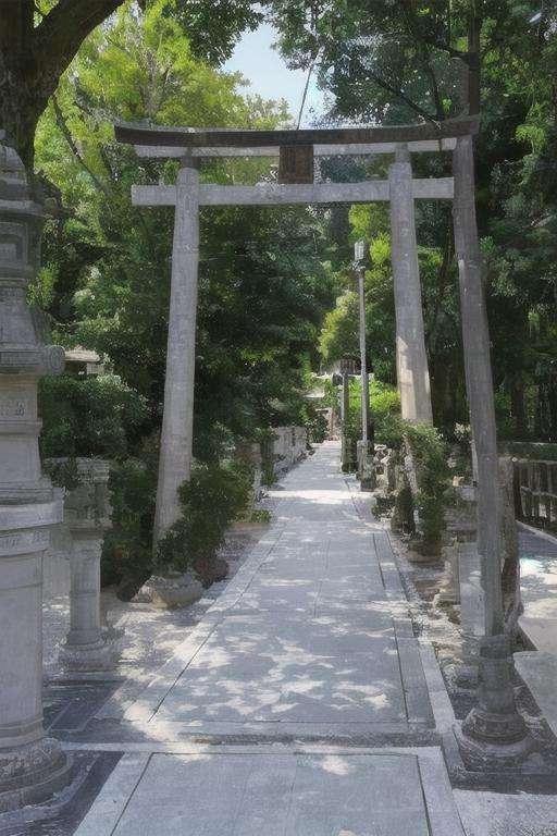 masterpiece, best quality, ultra-detailed, illustration,jinzya, shrine, tree, scenery, stone lantern, torii, outdoors, statue, real world location, day, pavement, stairs, sunlight, architecture, road, realistic, <lora:jinzya_V1:1:XYZ>