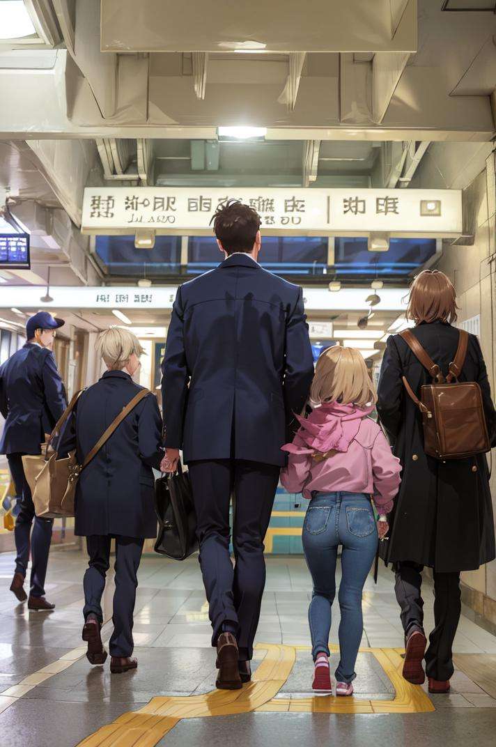 masterpiece, best quality, ultra-detailed, extremely detailed, illustration,kaisatsu, STOKYO, train staion, multiple boys, brown hair, multiple girls, 6+boys, bag, train station, pants, short hair, shirt, jacket, denim, shoes, 1girl, from behind, indoors, scenery,  <lora:STkaisatsui_V1_1_MIDD:1>