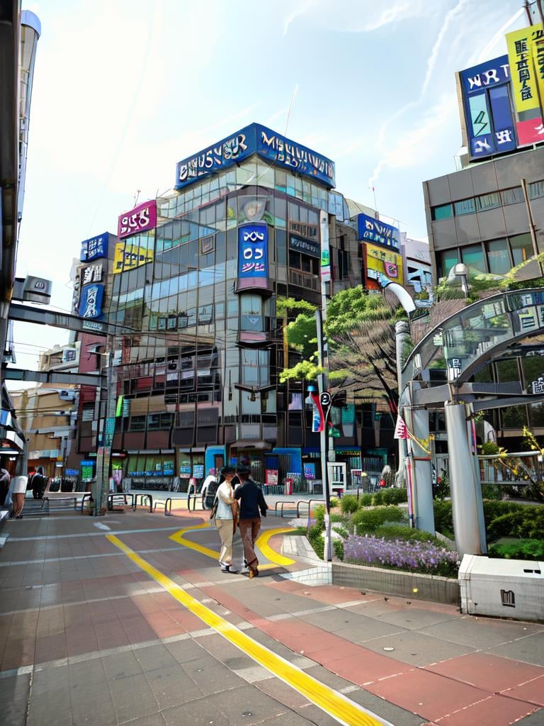 masterpiece, best quality, ultra-detailed, illustration,NishikitaKouen2, tree, outdoors, scenery, road, sign, building, street, ground vehicle, bush, pants, 1boy, road sign, lamppost, crosswalk, plant, city, bicycle, motor vehicle,<lora:NishikitaKouen:1>