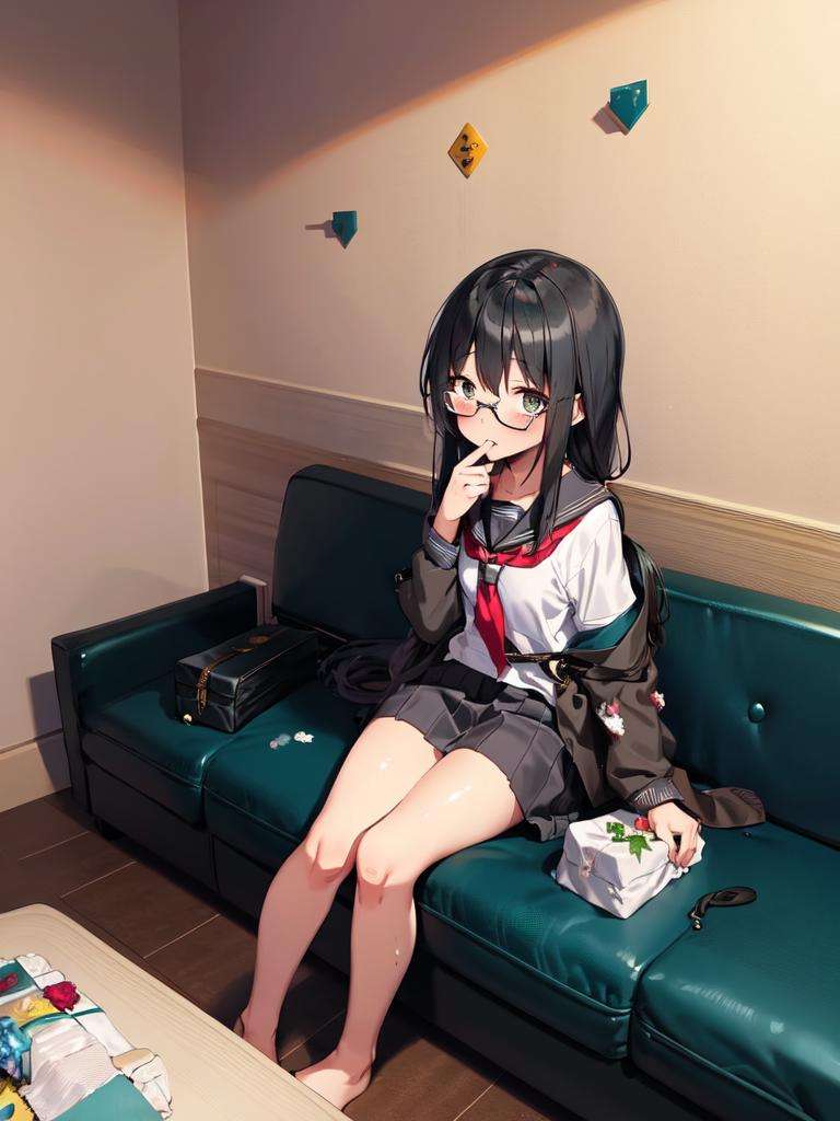 masterpiece, best quality, ultra-detailed, extremely detailed, illustration,1girl, solo, glasses, black hair, long hair,  school uniform,  school bag,  lovehotel, LHbedpanel, bed, pillow, table, couch, indoors, phone, tissue box, tissue,<lora:LoveHotelV5:0.8>