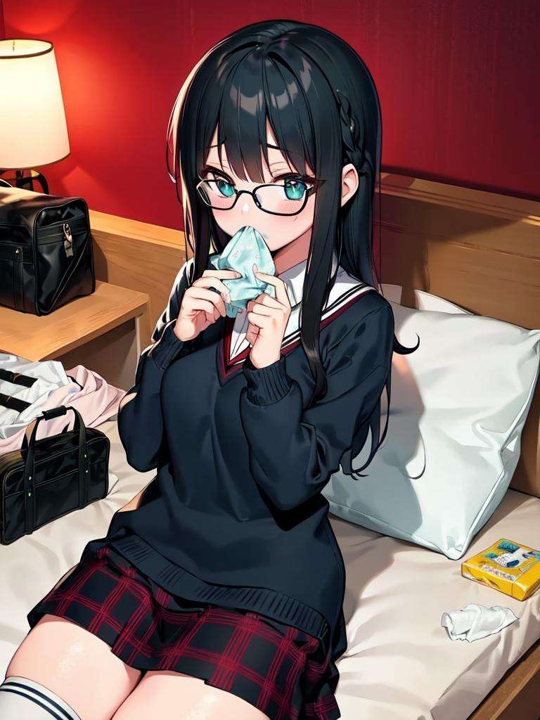 masterpiece, best quality, ultra-detailed, extremely detailed, illustration,1girl, solo, glasses, black hair, long hair,  school uniform,  school bag,  lovehotel, LHbedpanel, bed, pillow, table, couch, indoors, phone, tissue box, tissue,<lora:LoveHotelV5:0.6>