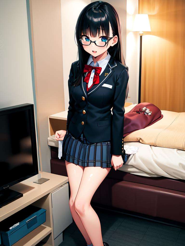 masterpiece, best quality, ultra-detailed, extremely detailed, illustration,1girl, black hair,  long hair, glasses, school uniform,  school bag, lovehotel, LHbedpanel, bed, pillow, table, couch, indoors, phone, tissue box, tissue, television,  <lora:LoveHotelV5:0.8>