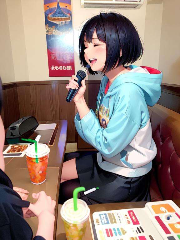 masterpiece, best quality, ultra-detailed, illustration,karaokeroom, scenery, multiple girls, karaoke, 2girls, microphone, black hair, 2boys, realistic, sitting, multiple boys, long hair, smile, skirt, food, short hair, hoodie, hood, real life insert, cup, drinking straw, music, closed eyes, grin, karaoke <lora:KaraokeRoomV2_1.0_MIDD_Resize_DIM8:1>