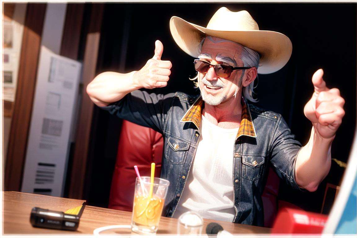 masterpiece, best quality, ultra-detailed, illustration,karaokeroom, scenery, joypad, AT-CLM7000TX, microphoneolder man, (mascular male:1.8), Fine macho, silver hair, short cut, sunglasses, cowboy hat, hold  microphone, laughing, thumbs up, karaoke, <lora:KaraokeRoomV2_1.0_MIDD_Resize_DIM8:1>