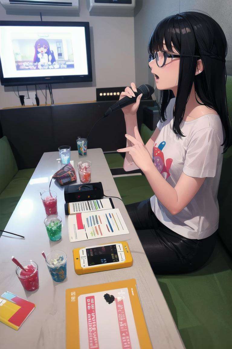 masterpiece, best quality, ultra-detailed, illustration,karaokeroom,  joypad, scenery, karaoke, multiple girls, glassses, black hair, AT-CLM7000TX, microphone, singing,  music,  long hair,   table, couch, karaoke,  <lora:KaraokeRoomV2_1.0_MIDD_Resize_DIM8:1>