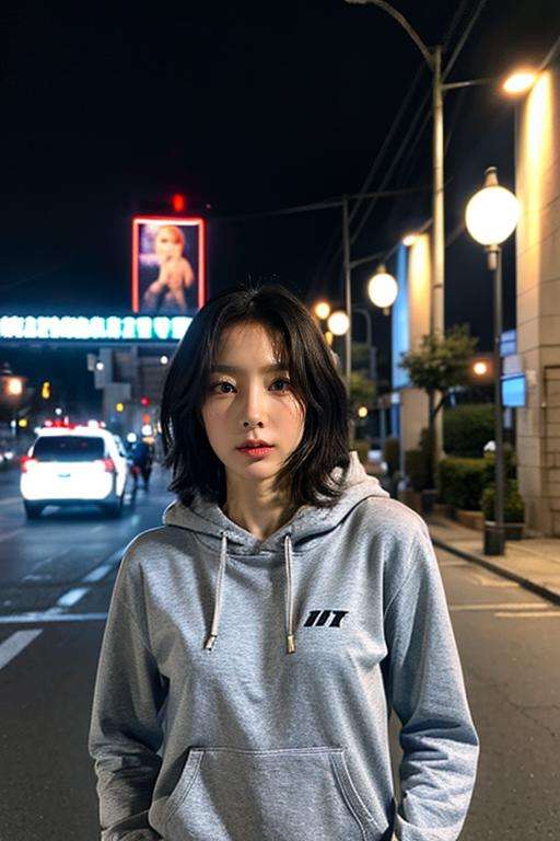 Fujifilm XT3, 8k,close up photo, masterpiece, best quality, (((1girl))), solo,realistic, ((looking at viewer)), photorealistic, (extremely detailed face), looking at viewer, ((ultra-detailed eyes and pupils)), ultra detailed, serious expression, ((standing city street at night)), hoodie, long sleeves, (arms behind back), black hair, <lora:taeyeonlorashy:1>