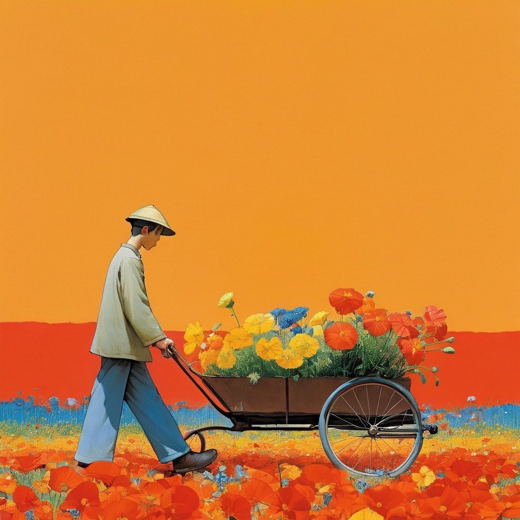 FieldSauce, flower, 1boy, yellow flower, male focus, pants, solo, orange flower, blue flower, bicycle, walking, shoes, from side, field, red background, long sleeves, wide shot, red flower, ground vehicle