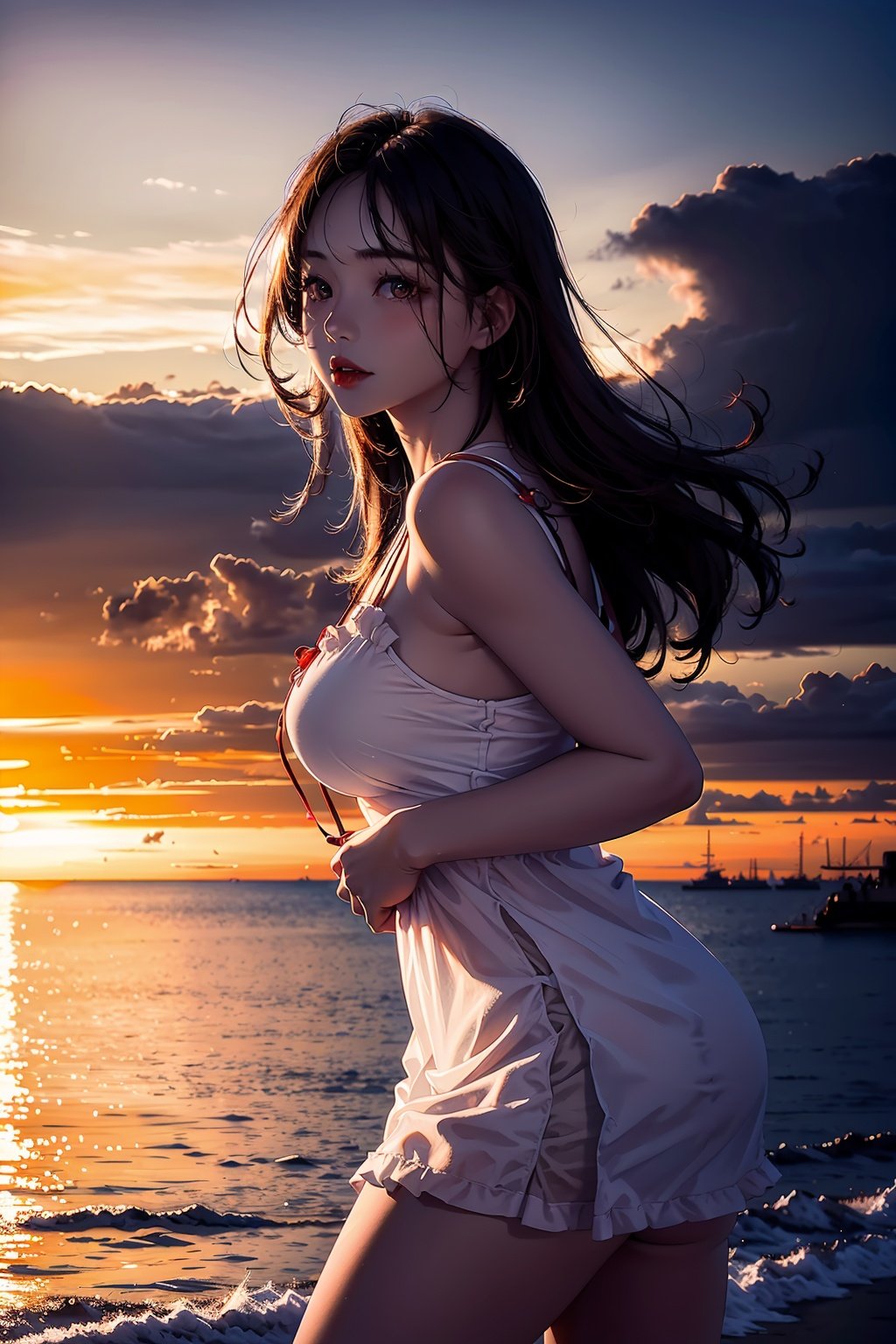 1girl,station,sea,best quality, hyper realism, (ultra high resolution), masterpiece, 8K, RAW Photo,Detail,hunsha,sunset