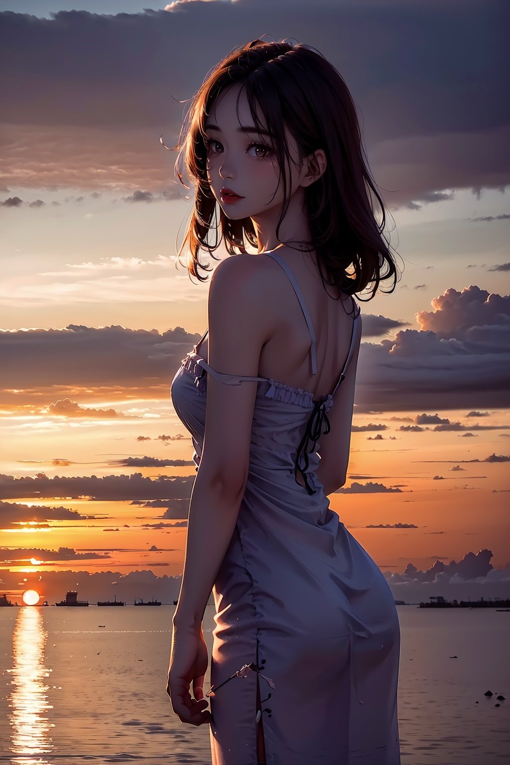 1girl,station,sea,best quality, hyper realism, (ultra high resolution), masterpiece, 8K, RAW Photo,Detail,hunsha,sunset