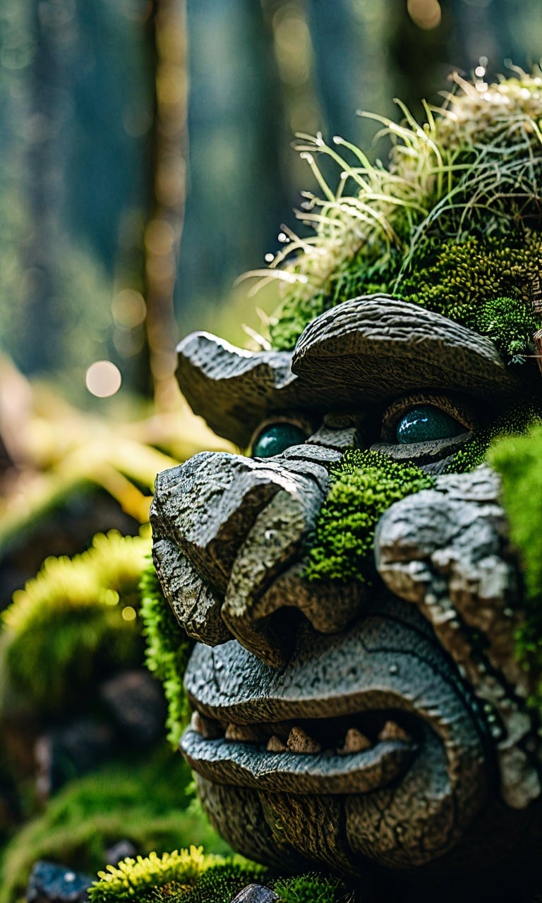 cinematic photo cinematic photo western fantasy,troll,a close-up of a stone troll with moss growing on it's face. 35mm photograph,film,bokeh,professional,4k,highly detailed, . 35mm photograph, film, bokeh, professional, 4k, highly detailed