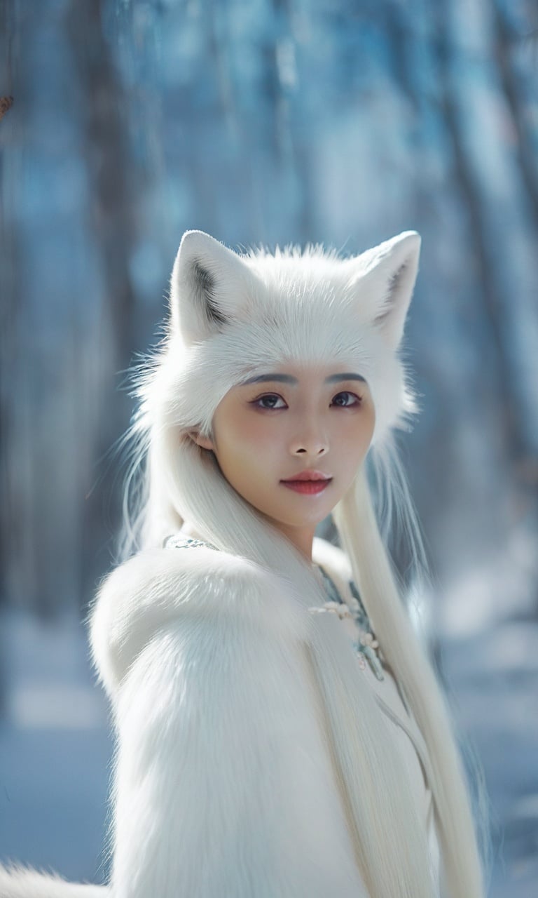 masterpiece,best quality,winter,chinese humanoid monster,super cute a girl,aged 16,Cinematic movie still,capturing the ethereal beauty of a delicate white fox spirit,alluring charm,shape-shifting abilities. Professional photo,enchanting lighting . 35mm photograph,film,profesy,sional,4k,highly detailed,