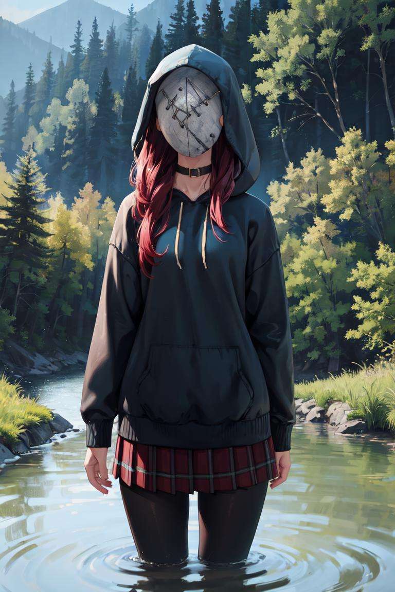 masterpiece, best quality, absurdres, perfect anatomy, 1girl, solo, LegionSusie, mask, plaid skirt, pantyhose, hoodie, hood up, river, wading, <lora:LegionSusie:1>