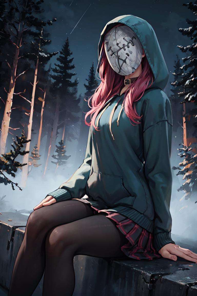 masterpiece, best quality, absurdres, perfect anatomy, 1girl, solo, LegionSusie, mask, plaid skirt, pantyhose, hoodie, hood up, sitting, outdoors, stone, forest, dark, night, <lora:LegionSusie:1>