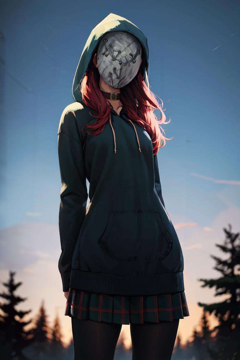 masterpiece, best quality, absurdres, perfect anatomy, 1girl, solo, LegionSusie, mask, plaid skirt, pantyhose, hoodie, hood up, dark, forest, night, arms behind back, <lora:LegionSusie:1>