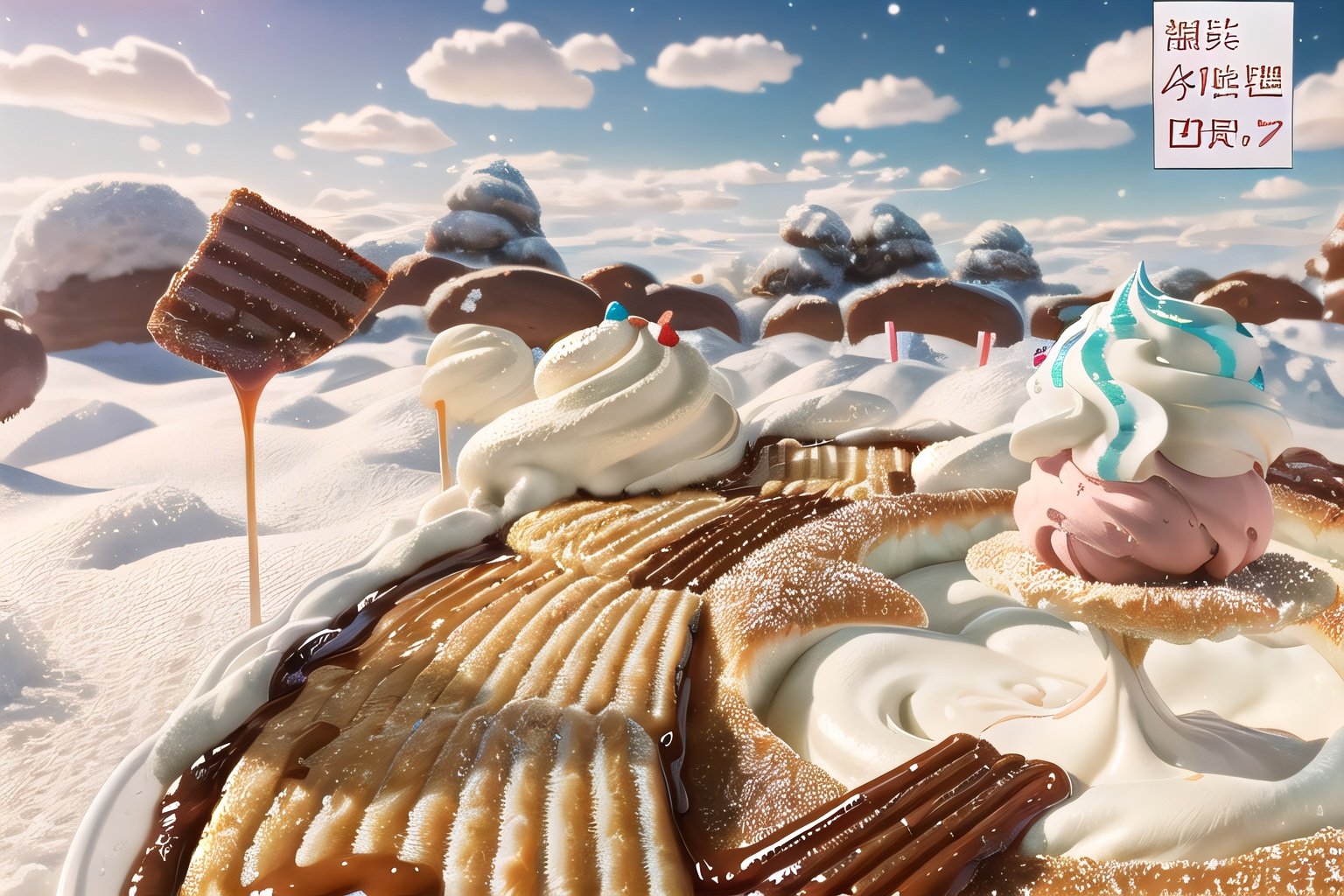 (Masterpiece, best quality:1.3), (2d), insanely detailed, fantasy, cg unity wallpaper, top quality, 8k, (dynamic), sweetscape, food, fruit, falling snow, painting, chocolate bar, candy cane, peppermint, snowing, sprinkles, christmas, silent night, chocolate, syrup, drizzle, glaze, galaxy, (shiny, reflection), dynamic, cinematic, ultra-detailed, ice cream, whipped cream, particles, perfect lighting and composition, intricate details, (sugar), soft lighting, glow, bloom, halation, tilt shift, sharp focus, straw, striped, (candy town), (gradient:1.2), (gradient sky), rainbow, crystal, rock candy, star candy, (motion blur), ((deep depth of field, bokeh)), <lora:EMS-179-EMS:0.3>