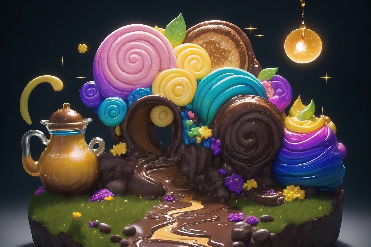 (Masterpiece, best quality:1.3), highly detailed, fantasy, , 8k, candyland, dynamic, cinematic, ultra-detailed, full background, fantasy, illustration, drip, sparkle, pancake:1.3), grass, syrup, glitter, scenery, ((no humans)), drizzle, beautiful, (shiny:1.2), various colors, monolithic, bloom:0.4, extremely detailed, (yellow and brown theme:1.3), striped, rainbow, (gradients),candyland, <lora:EMS-27722-EMS:1>