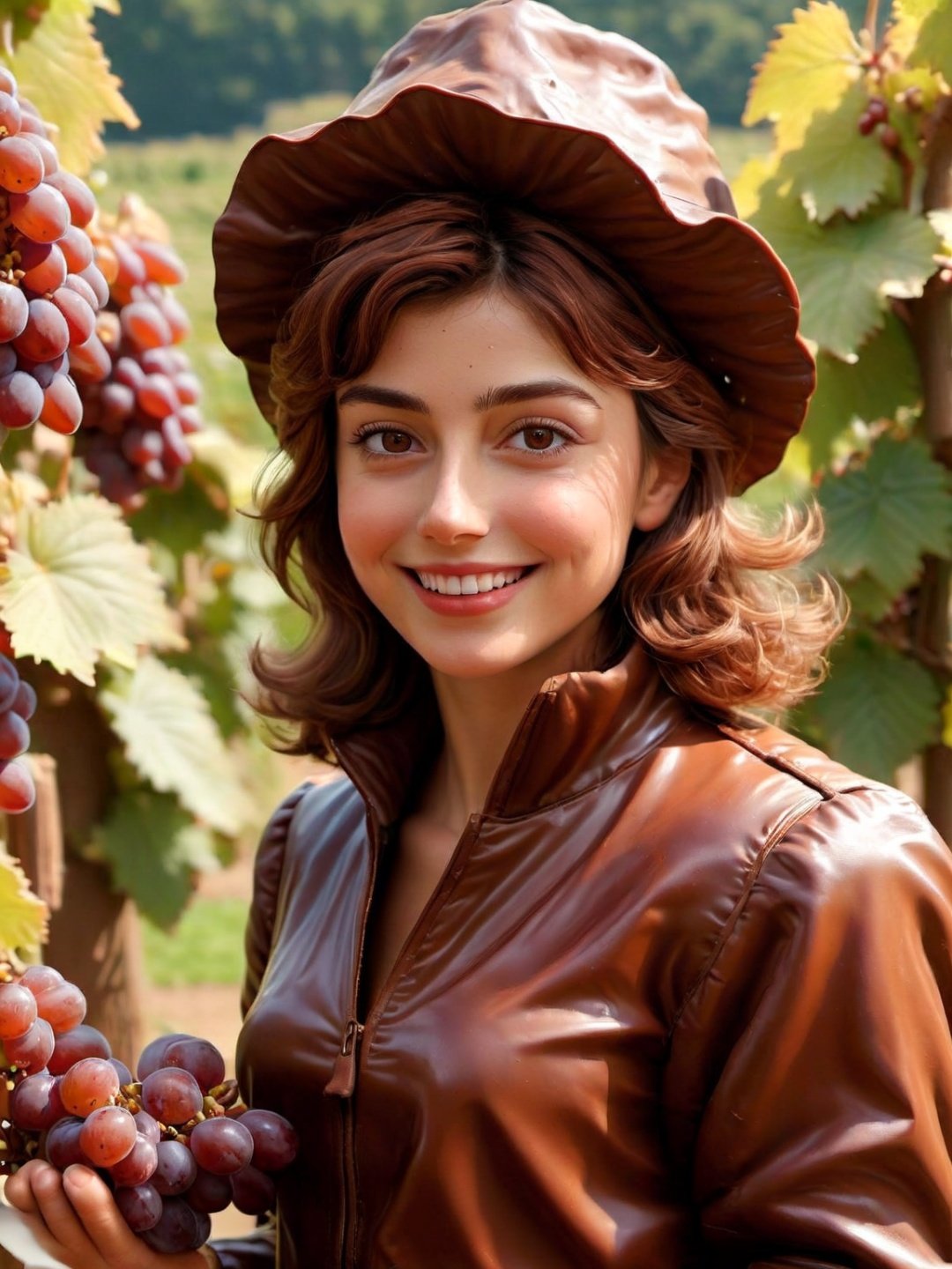 masterpiece, chocolate,  photography,  photorealistic,  ultra quality,  ultra detailed,  detaied face,   female solo chocolate,  25 years old,  french,  messy hair,  realistic eyes,  farmer,  standing,  vineyard path,  (holding grapes),  colorful,  upper body,  jacket,  sunny weather,  plain,  natural,  average,  smile,  french bonnet, chocolate
