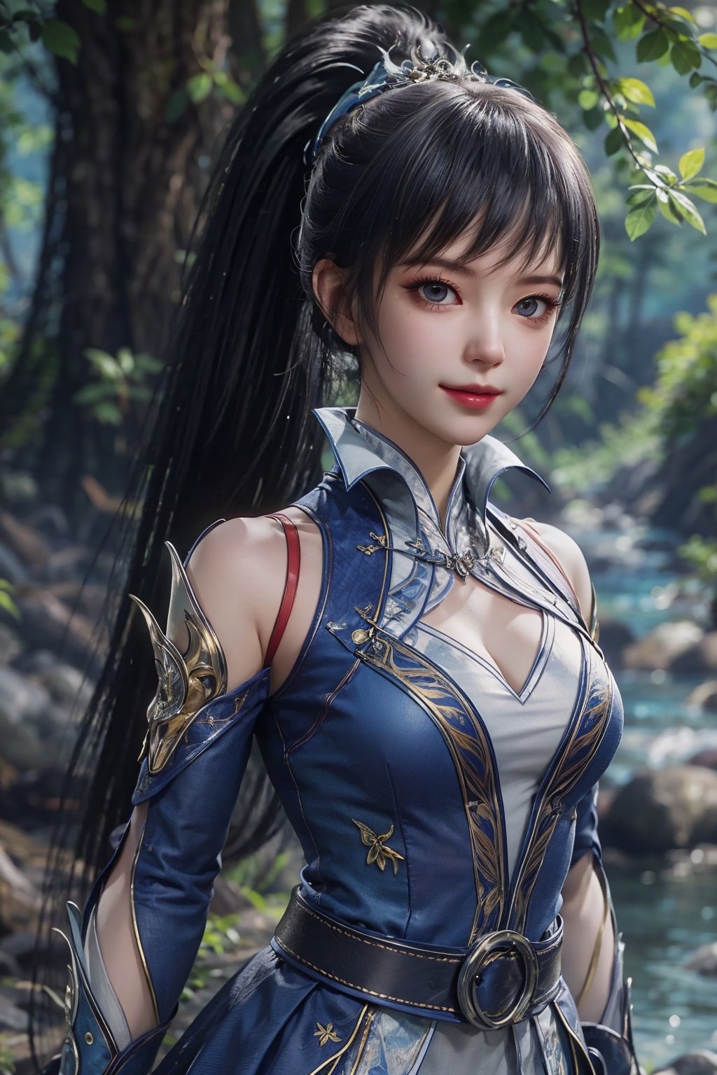 masterpiece,best quality,official art,extremely detailed CG unity 8k wallpaper,1girl,seductive smile, light rays,bound torso, hanging,pleated skirt, belt buckle, high ponytail, upper body, water, river, mountain, tree, flower, <lora:唐雅:0.6>